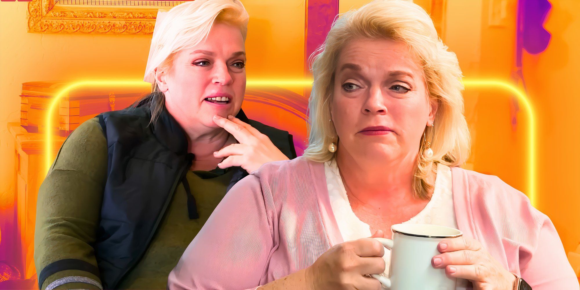 montage of Sister Wives' Janelle brown with one pic of her with a coffee cup and another touching her chin