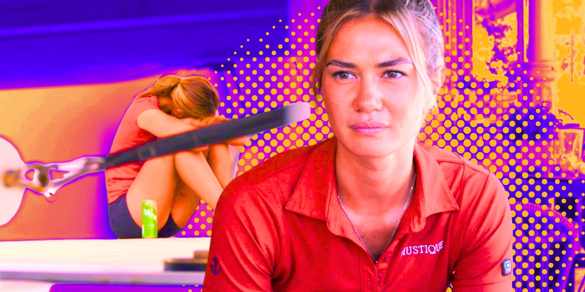 Below Deck Mediterranean's Gael Cameron looking serious in the foreground and crying with her head against her knees in the backgroun.