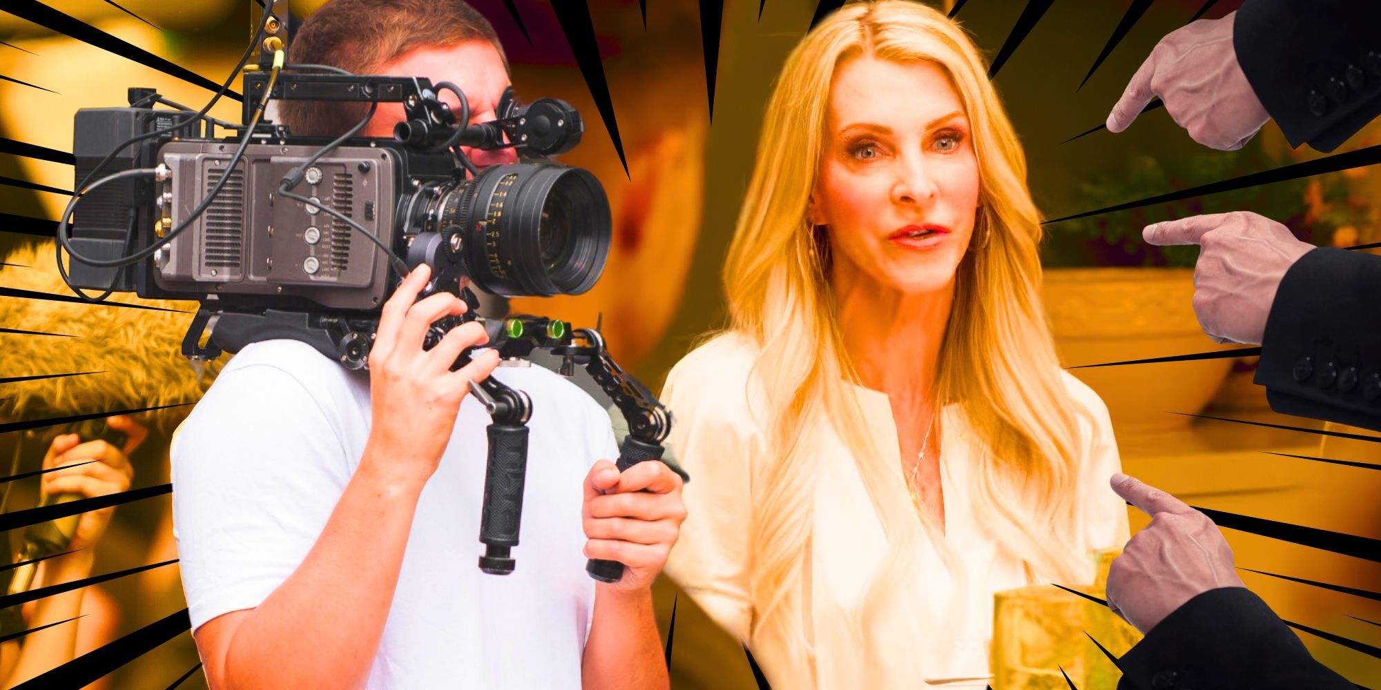 The Golden Bachelorette's Joan Vassos surrounded by cameras and producers pointing fingers.