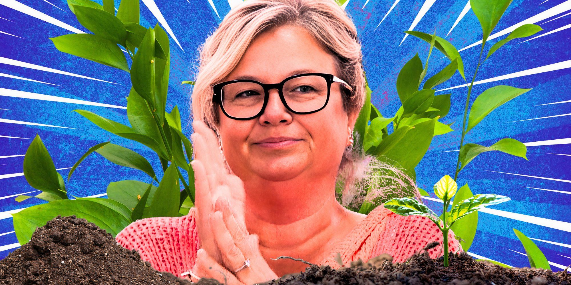 Angela Murray, do Big Brother, parece perturbada diante de plantas verdes.