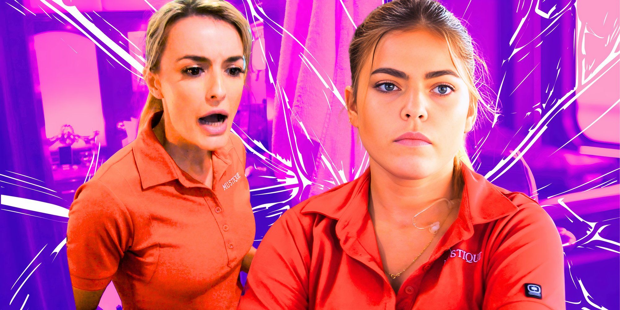 Below Deck Med Bri Muller and Ellie Dubaich in side by side images looking upset in uniform