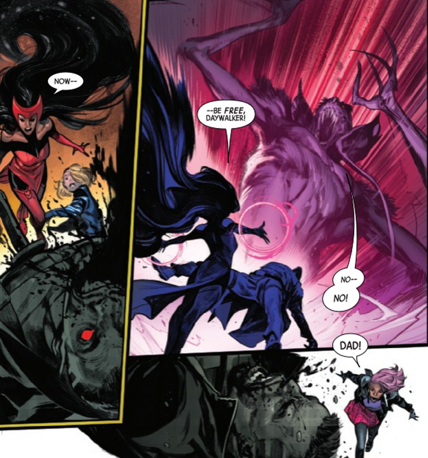 Scarlet Witch removes Varnae from Blade's body while Bloodline runs to her father