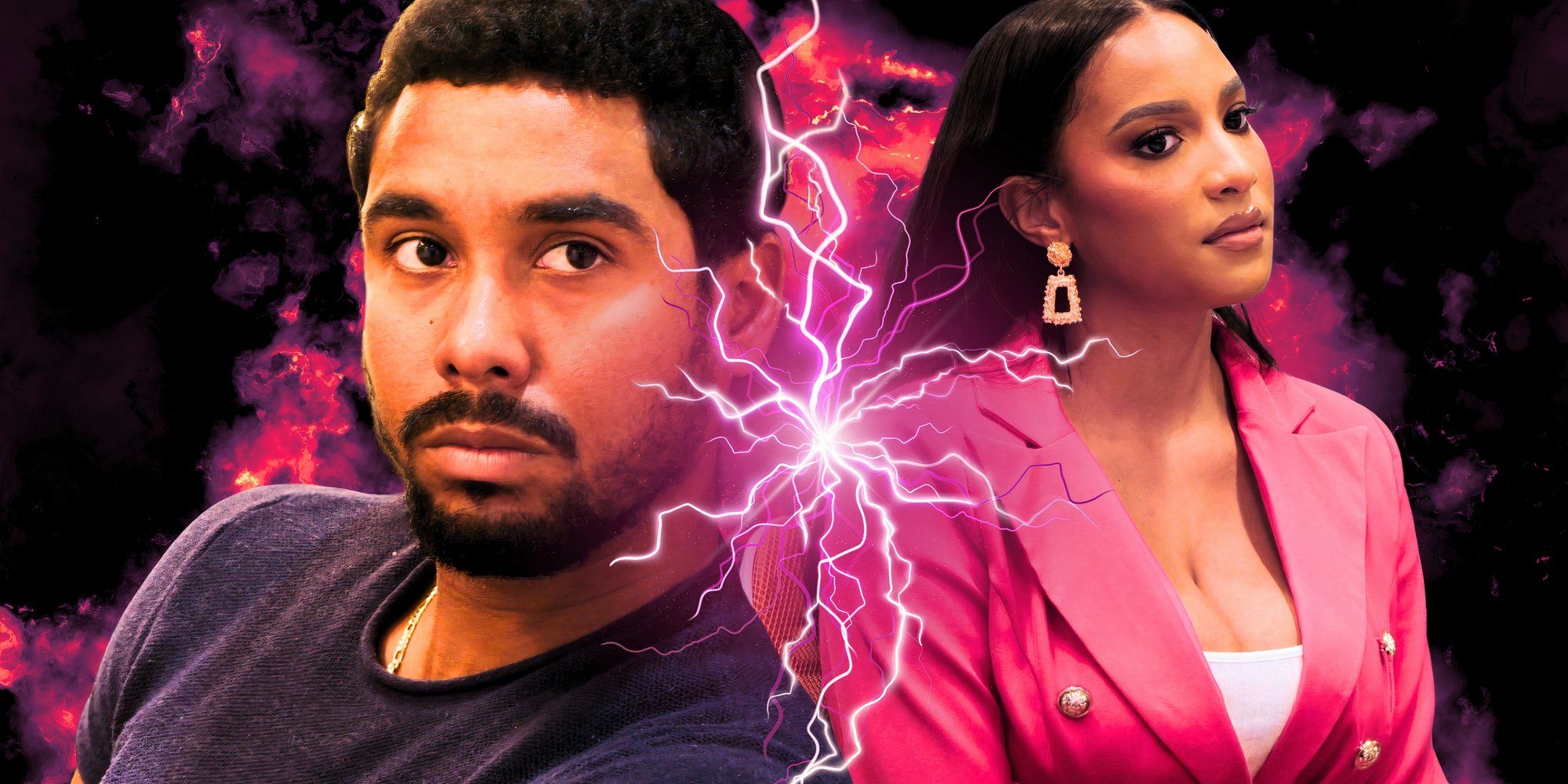 montage of Pedro Jimeno and Chantel Everett The Family Chantel with lightning graphics