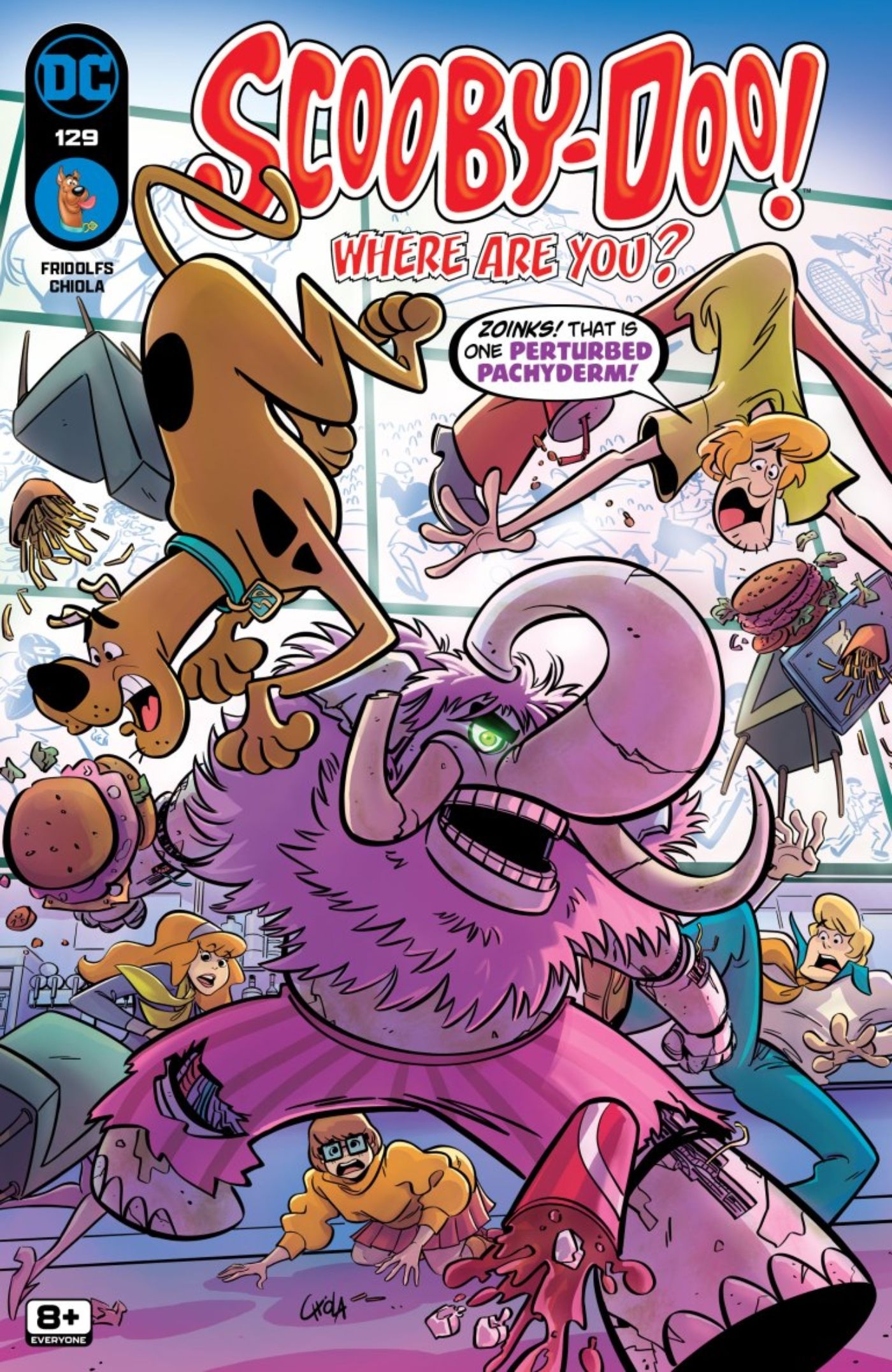 Scooby-Doo, Where Are You? #129 cover featuring Scooby and the gang running from an elephant mascot.