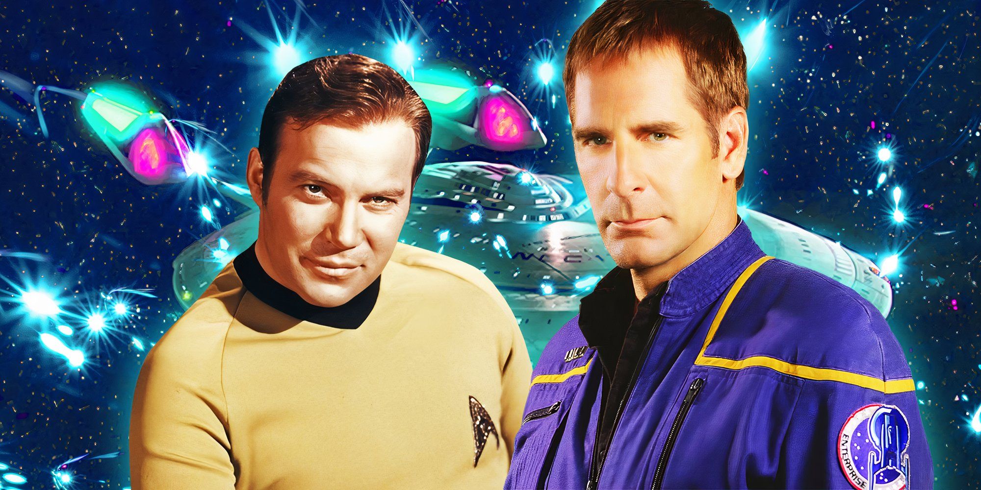Scott Bakula as Captain Archer On Star Trek- Enterprise and Captain Kirk (William Shatner) from 1960s Star Trek