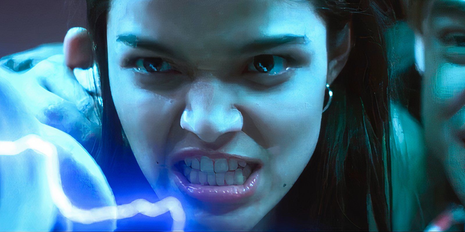 Rachel Zegler as Laura looking frustrated next to electrical lightning in Y2K trailer