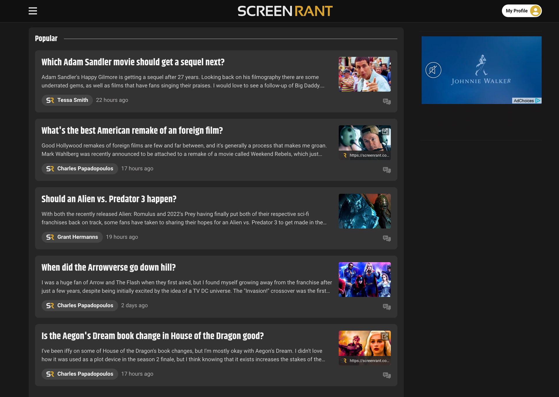 ScreenRant Threads Hub Popular