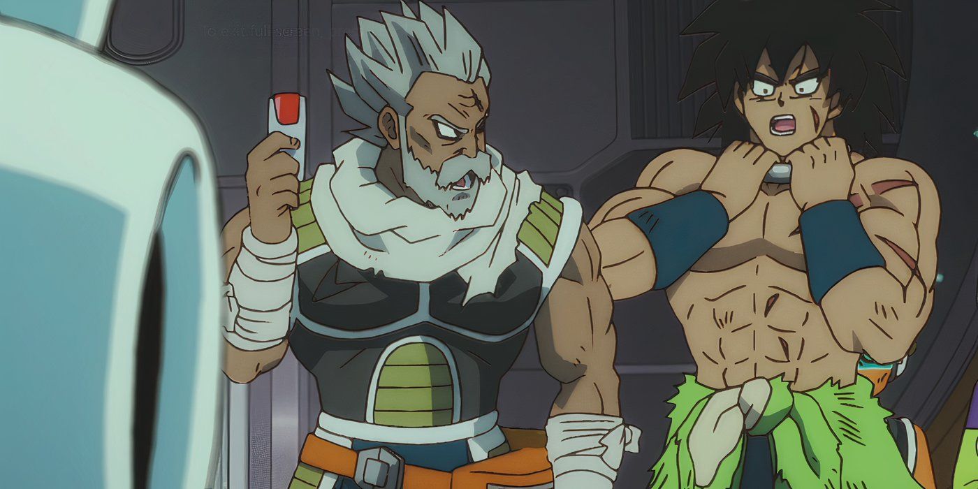 Paragus segura o dispositivo na coleira de choque de Broly enquanto Broly olha com medo