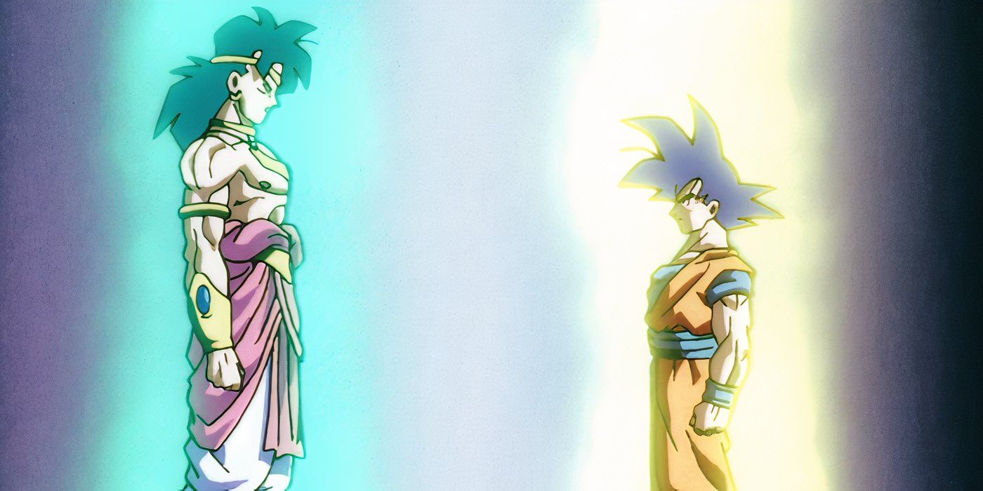 Broly e Goku se enfrentam com Broly à esquerda emanando uma aura verde e Goku à direita emanando uma aura amarela