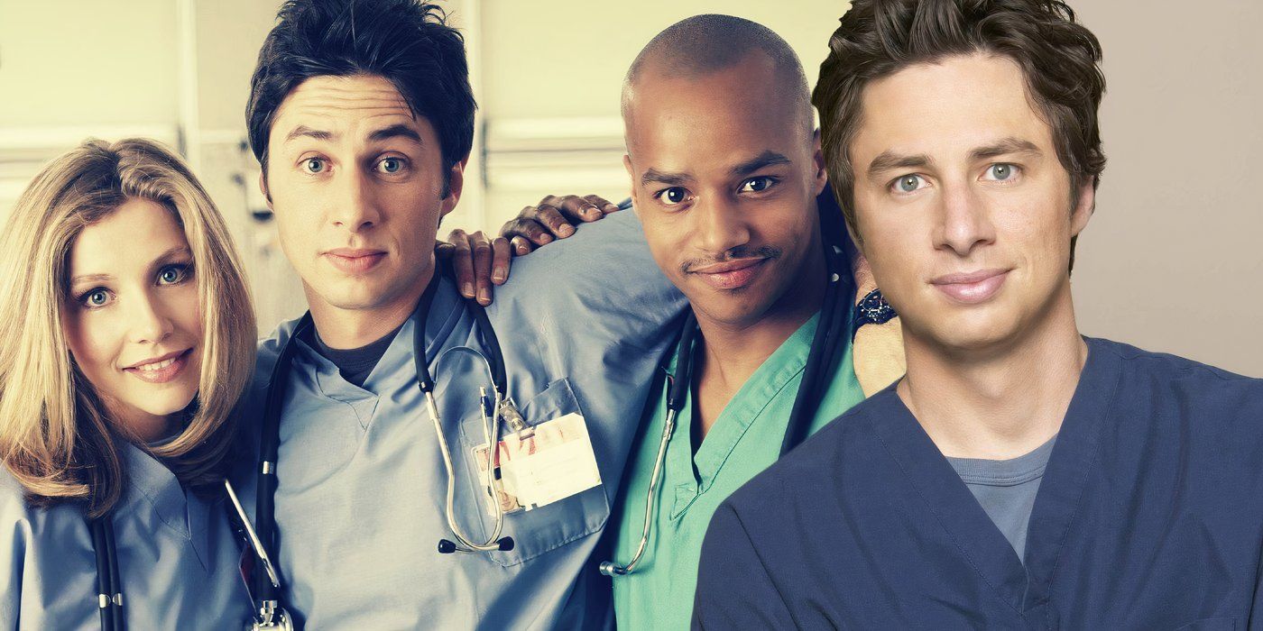 A composite image of Zach Braff smiling while Braff, Sarah Chalke and Donald Faison hug in scrubs