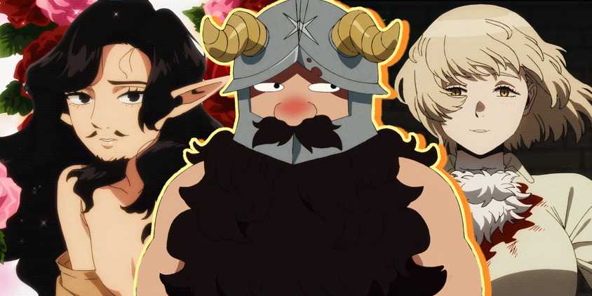 Senshi from delicious in dungeon looking to the side suspiciously with falin smiling in her chimera form in the background to the right and elf senshi to the left