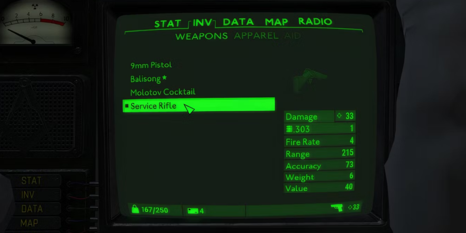 Tela do menu do rifle de serviço do Fallout London