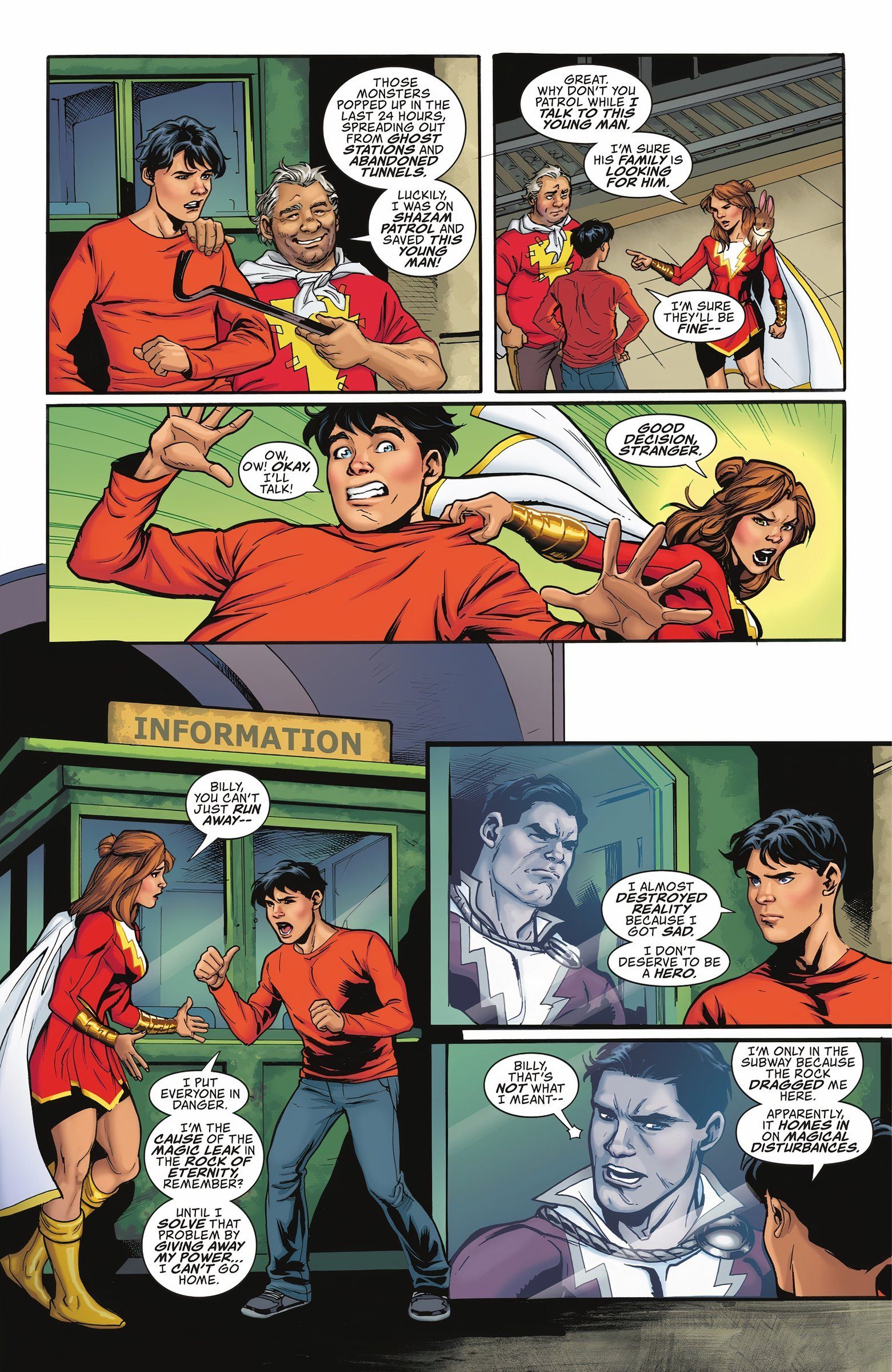 Six panels of Billy Batson and Mary Marvel talking