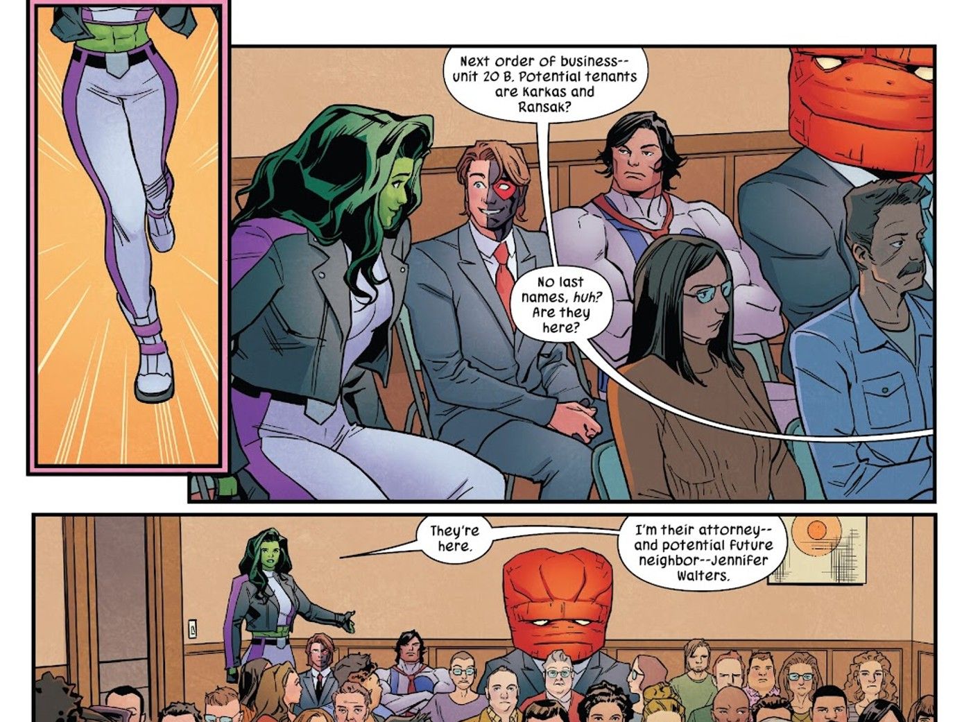 She-Hulk representa Ransak, o Rejeitado e Karkas no tribunal como seu advogado enquanto Valete de Copas assiste