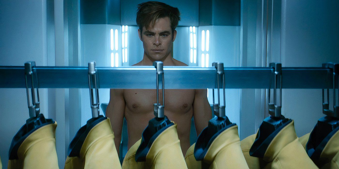 Shirtless Kirk in front of uniforms in Star Trek Beyond