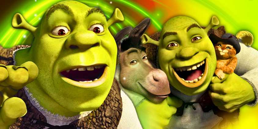 Shrek looking excited and an image of Donkey, Shrek, and Puss in Boots smiling