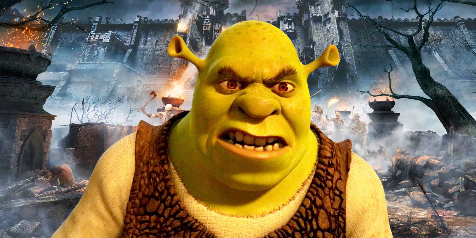 Shrek looking angry in Shrek Forever After juxtaposed with a looming castle in Demon Souls