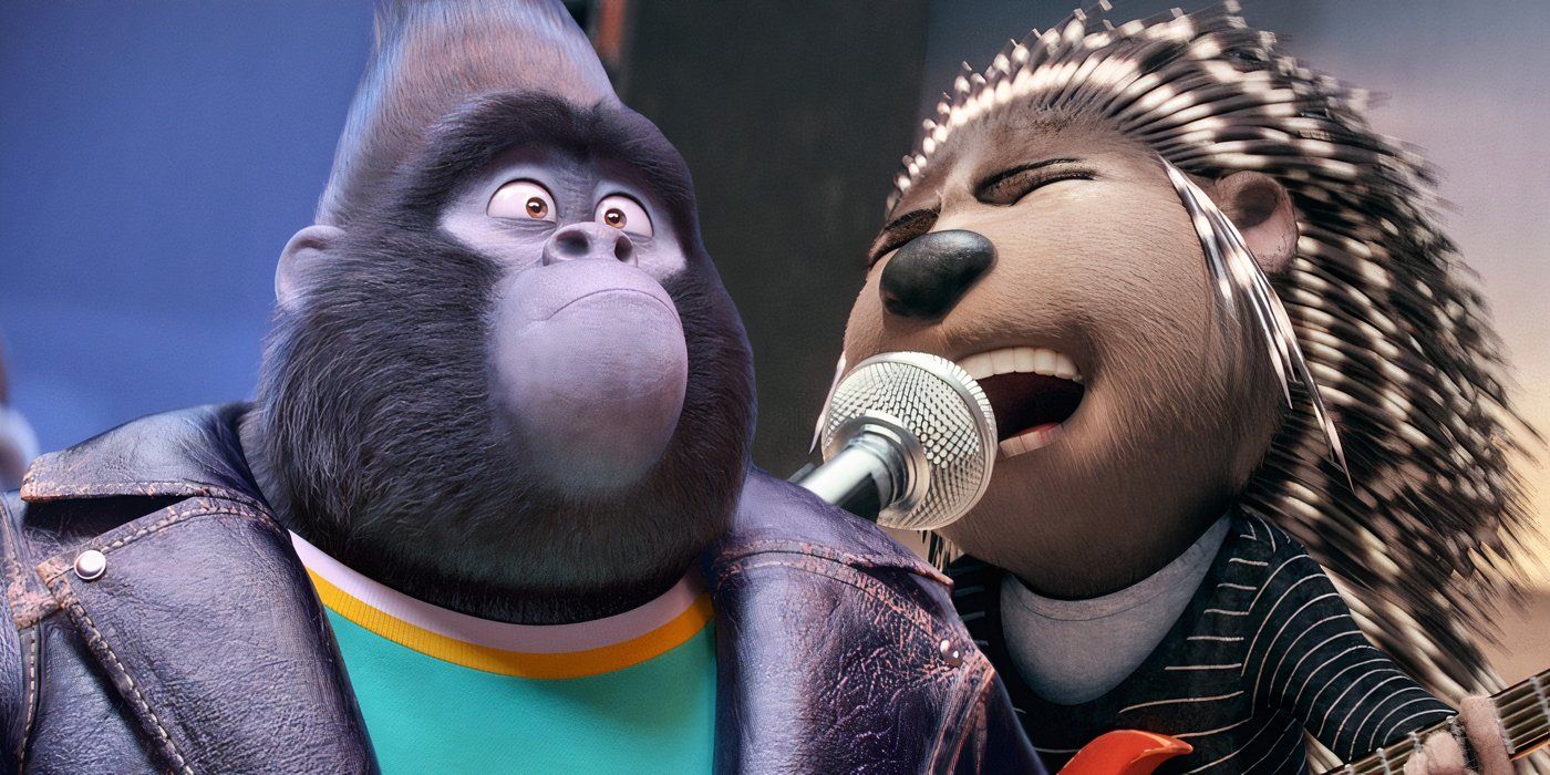 A composite image of Ash singling while playing the guitar and Johnny looking on with shock in Sing