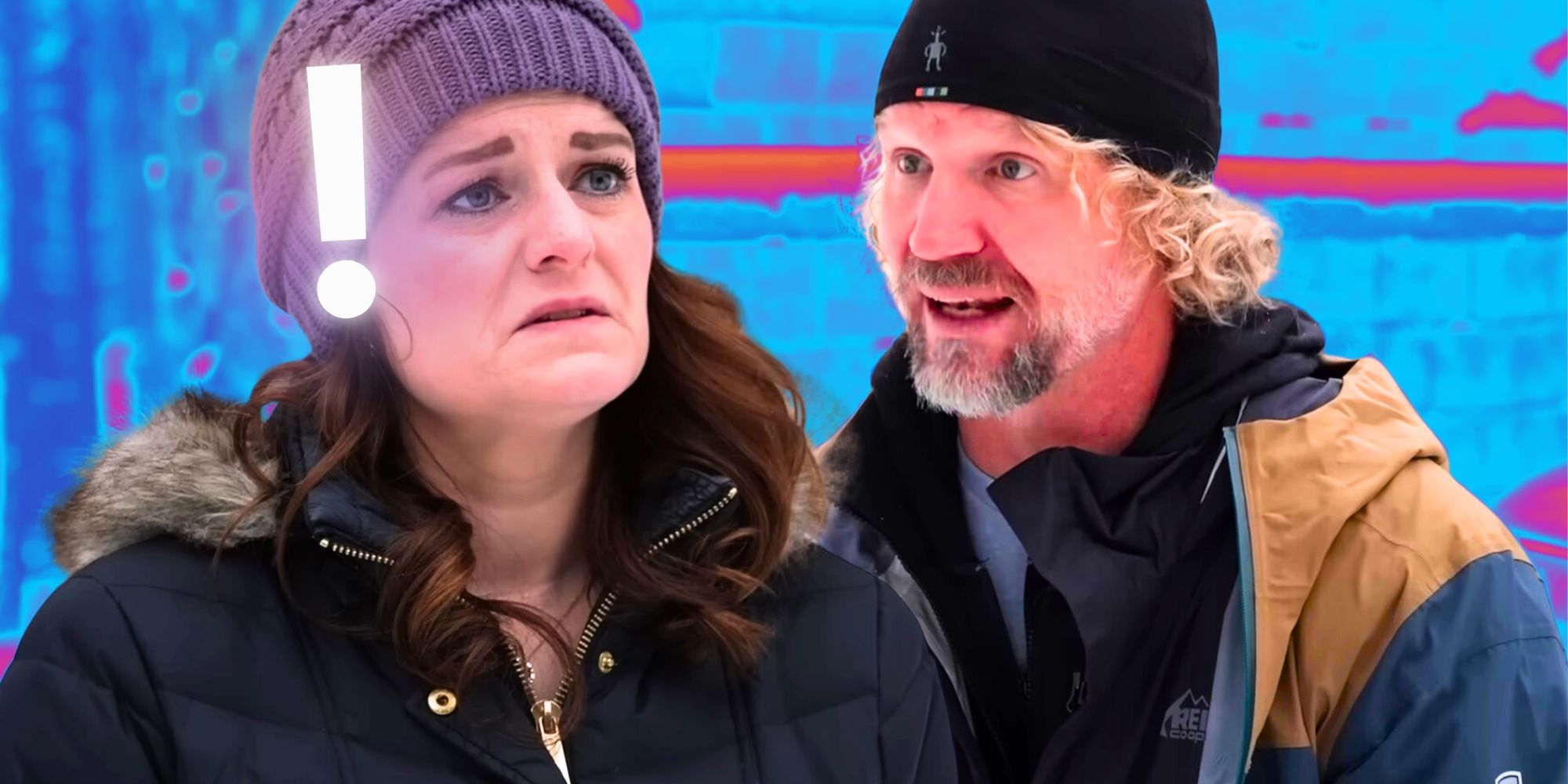 Sister Wives' Robyn Brown looks upset and Kody Brown appears surprised while wearing winter clothing.