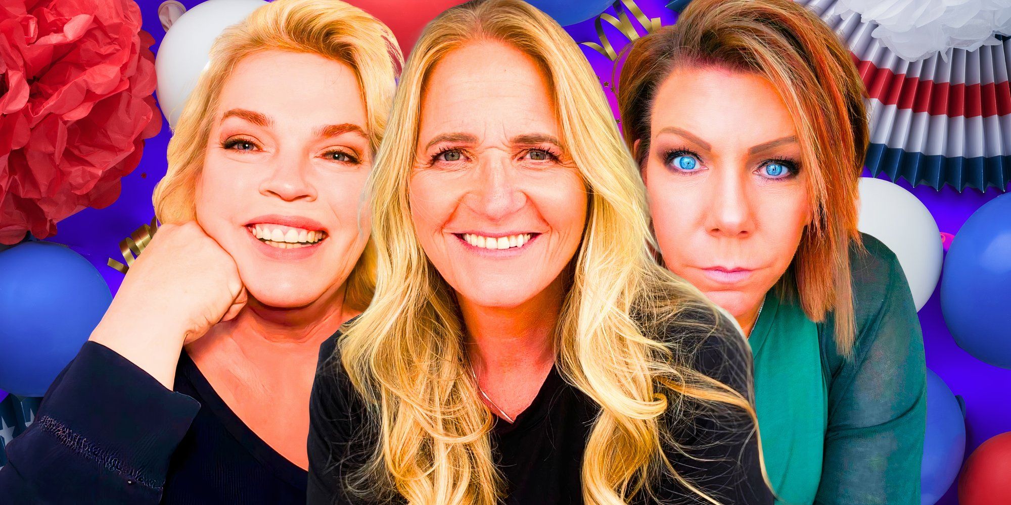 Sister Wives Janelle, Christine and Meri Brown side by side photos with American flag background