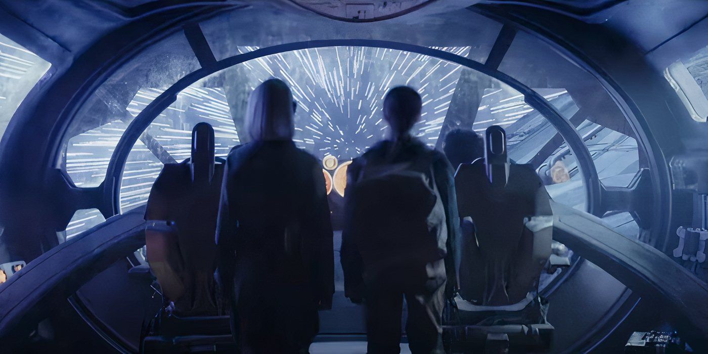 The main children of Skeleton Crew (2024) standing in a cockpit as they enter hyperspace