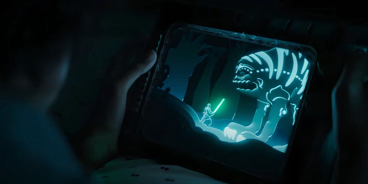 One of the children in Skeleton Crew (2024) watching a hologram of Jedi