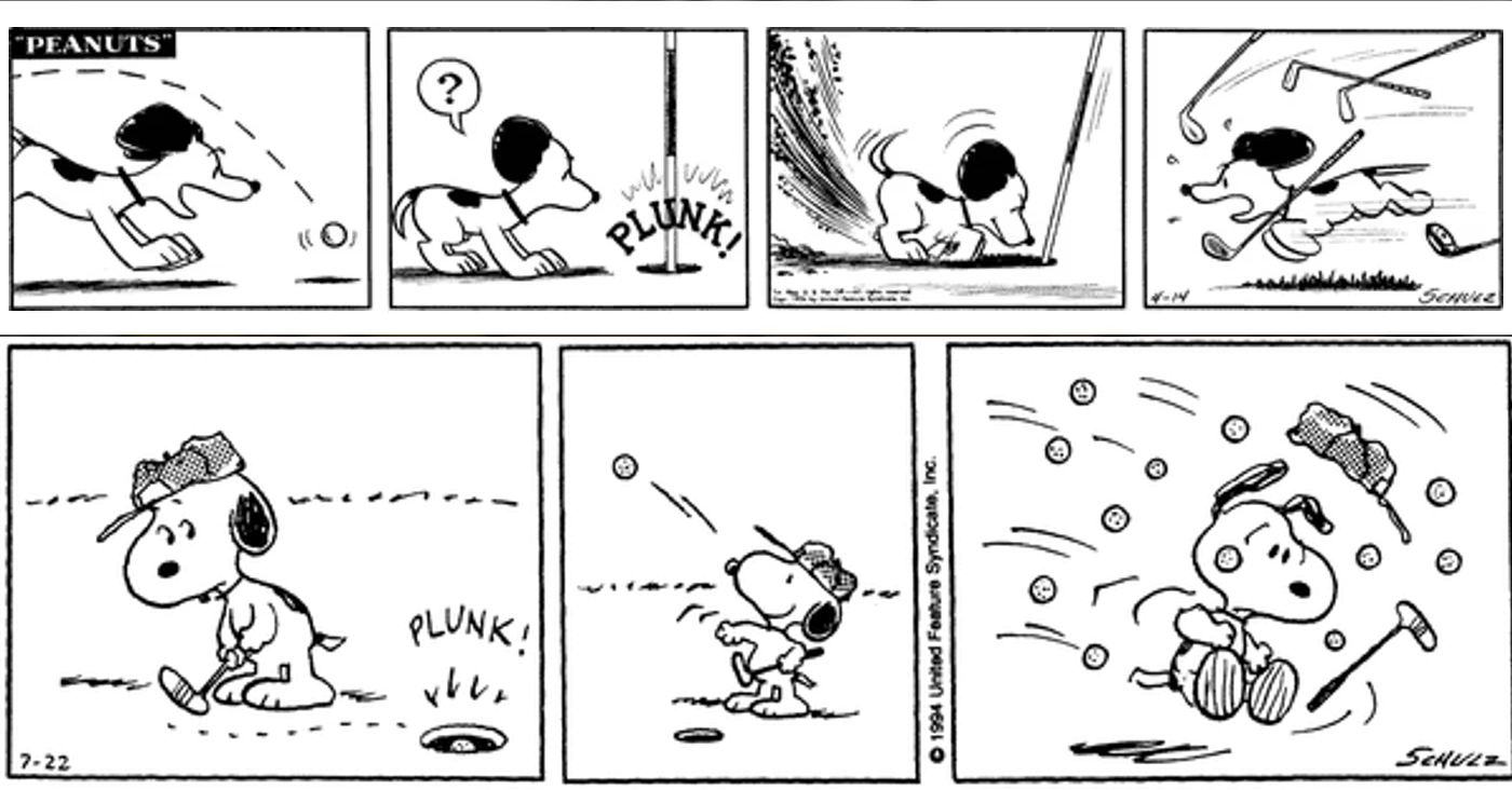 Snoopy interagindo com bolas de golfe em 1954 e 1994