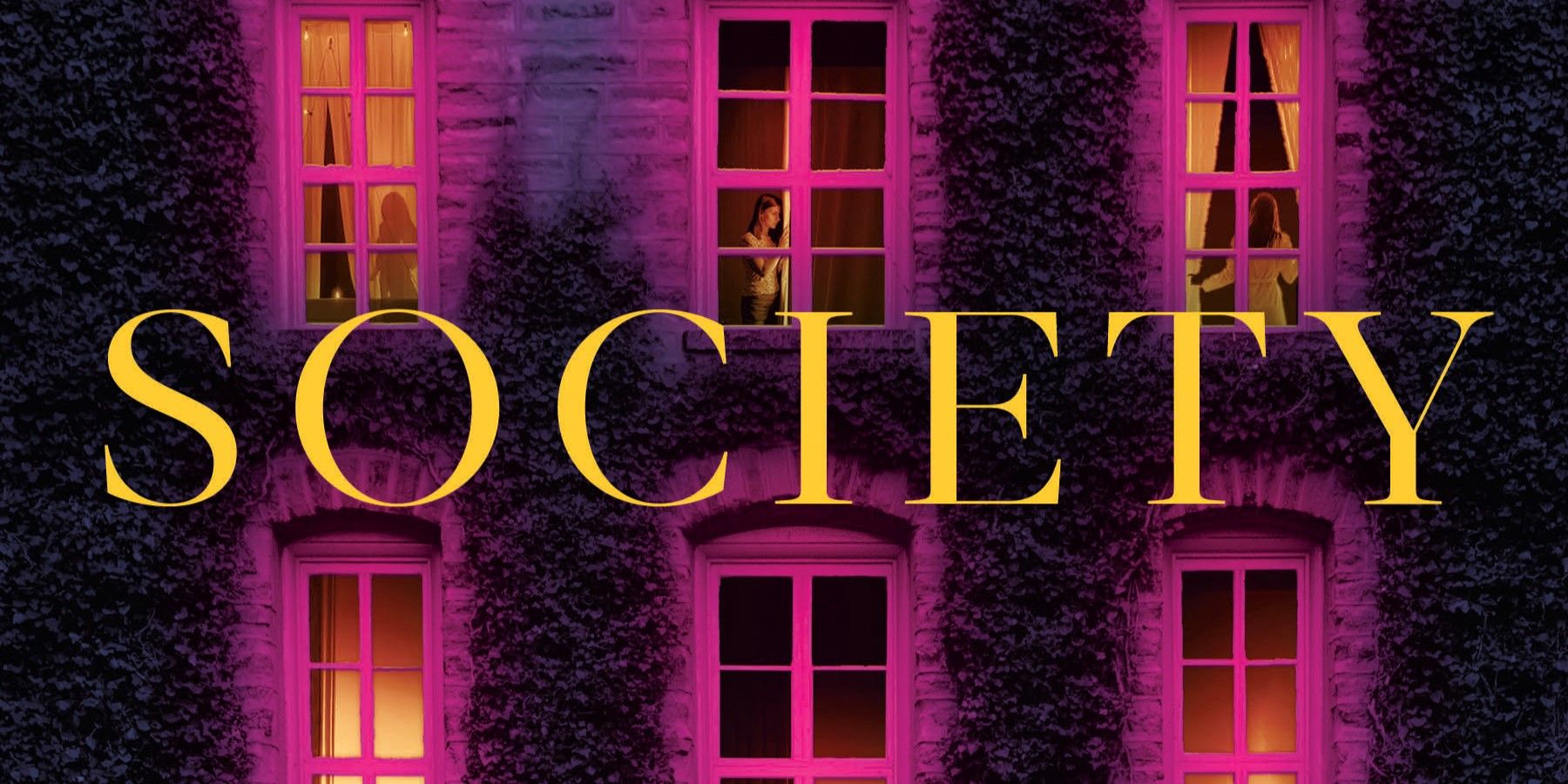 Society of Lies cover featuring a building with people in the windows and purple-tinted light