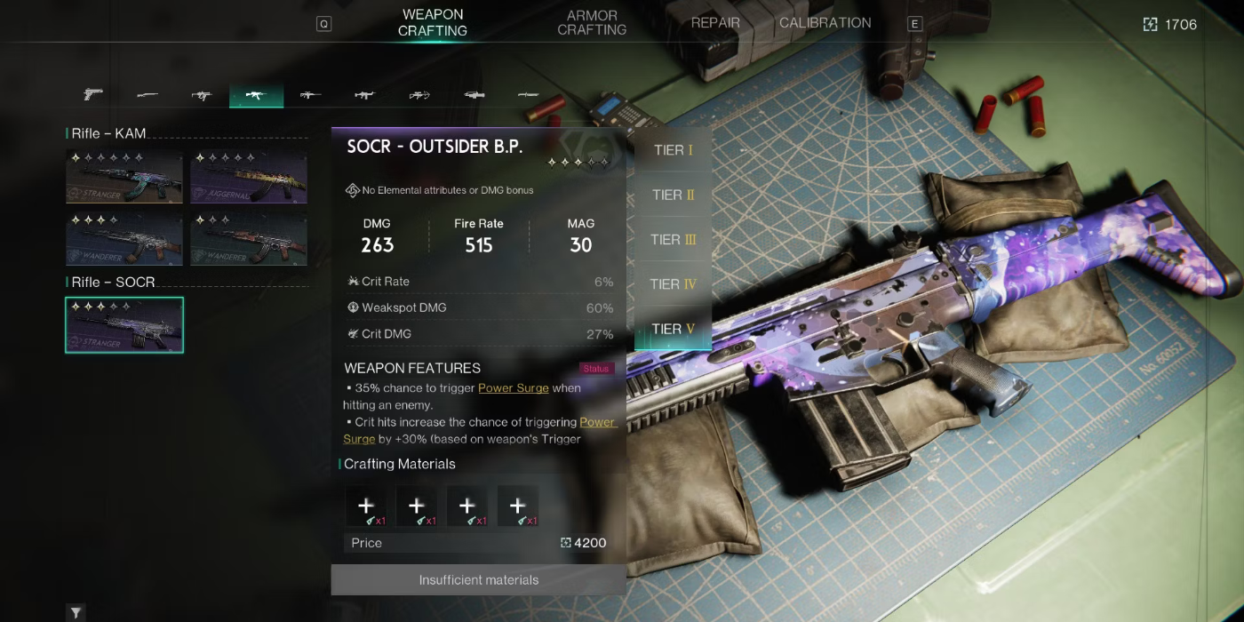 Player views weapon features and statistics of the SOCR – Outsider BP assault rifle in Once Human.