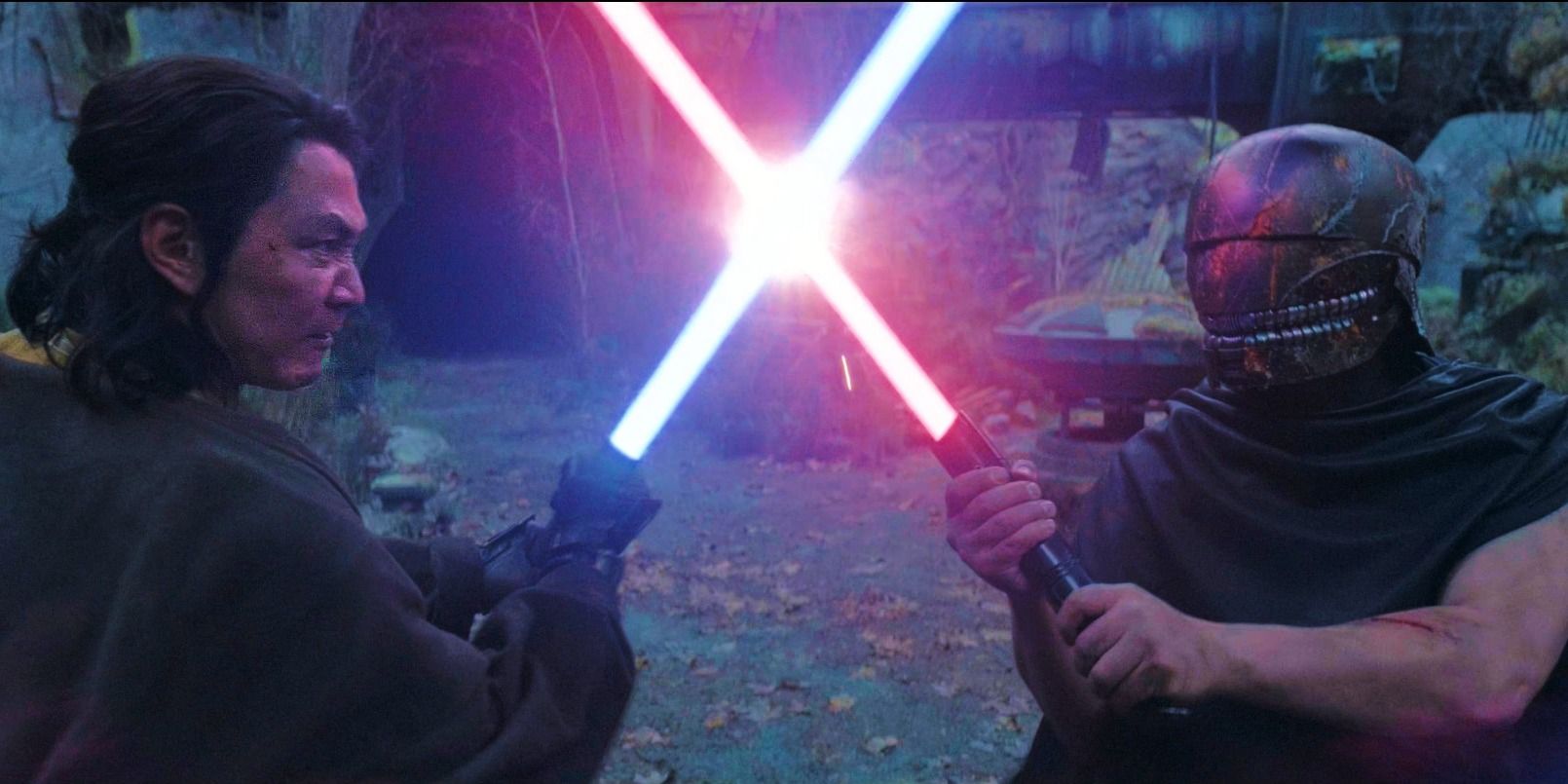 Master Sol and Qimir/the Stranger clashing lightsabers in The Acolyte finale