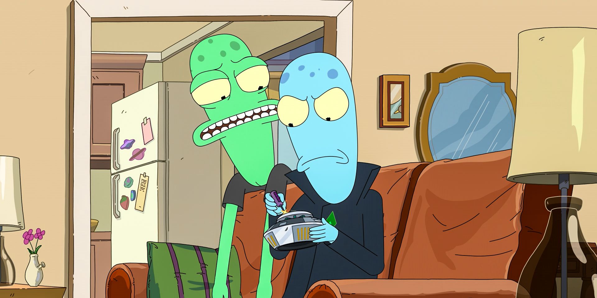 Terry bothering Korvo, who is very focused on building a device in Solar Opposites Season 5