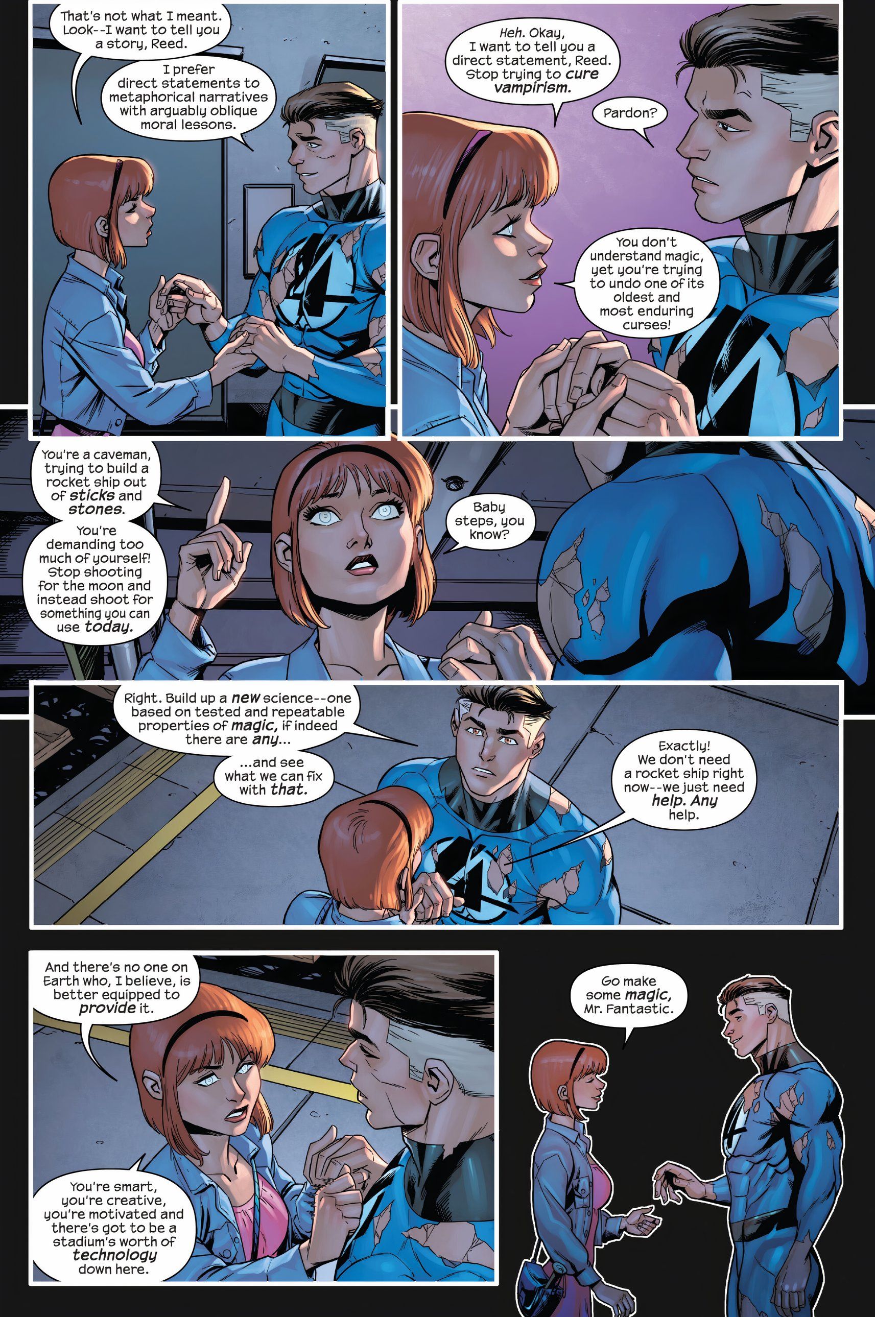 Alicia convinces Mr. Fantastic to approach magical problems with basic steps.