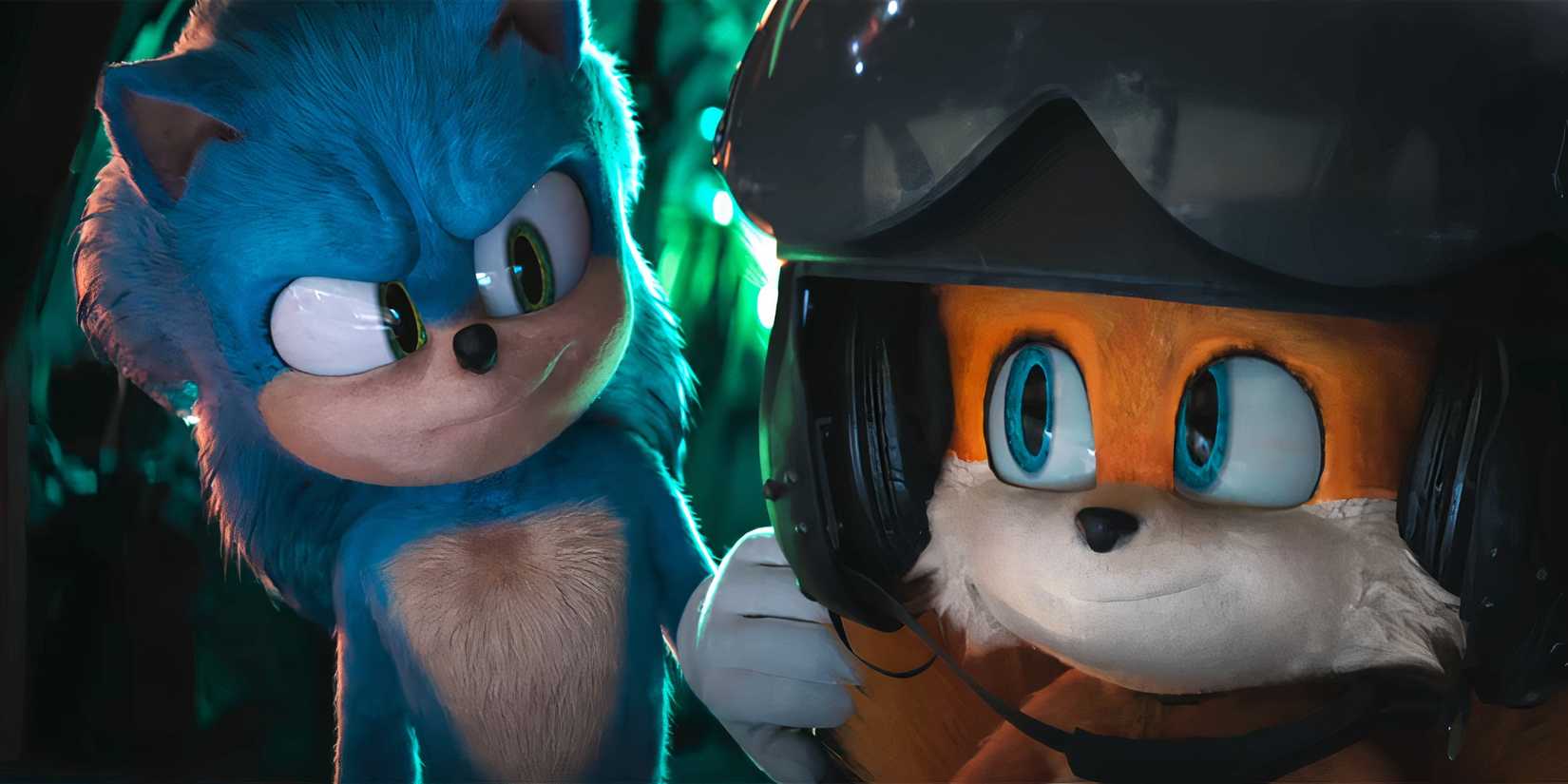 Sonic looking confidently at Tails in a helicopter pilot seat in Sonic the Hedgehog 3
