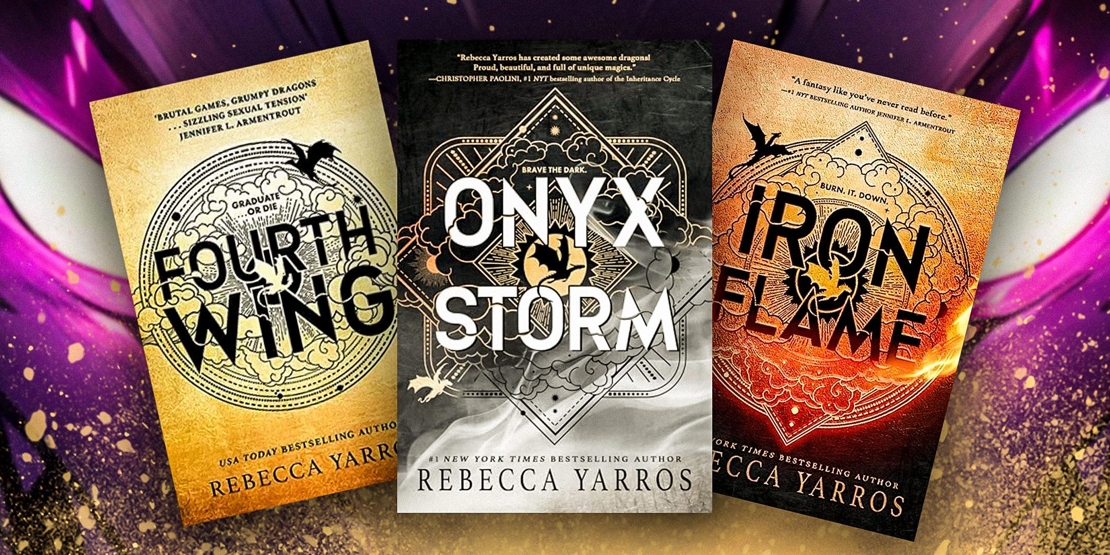 Cuarta ala, Onyx Storm, portadas de Iron Flame de Rebecca Yaros frente a un fondo morado, blanco y dorado.