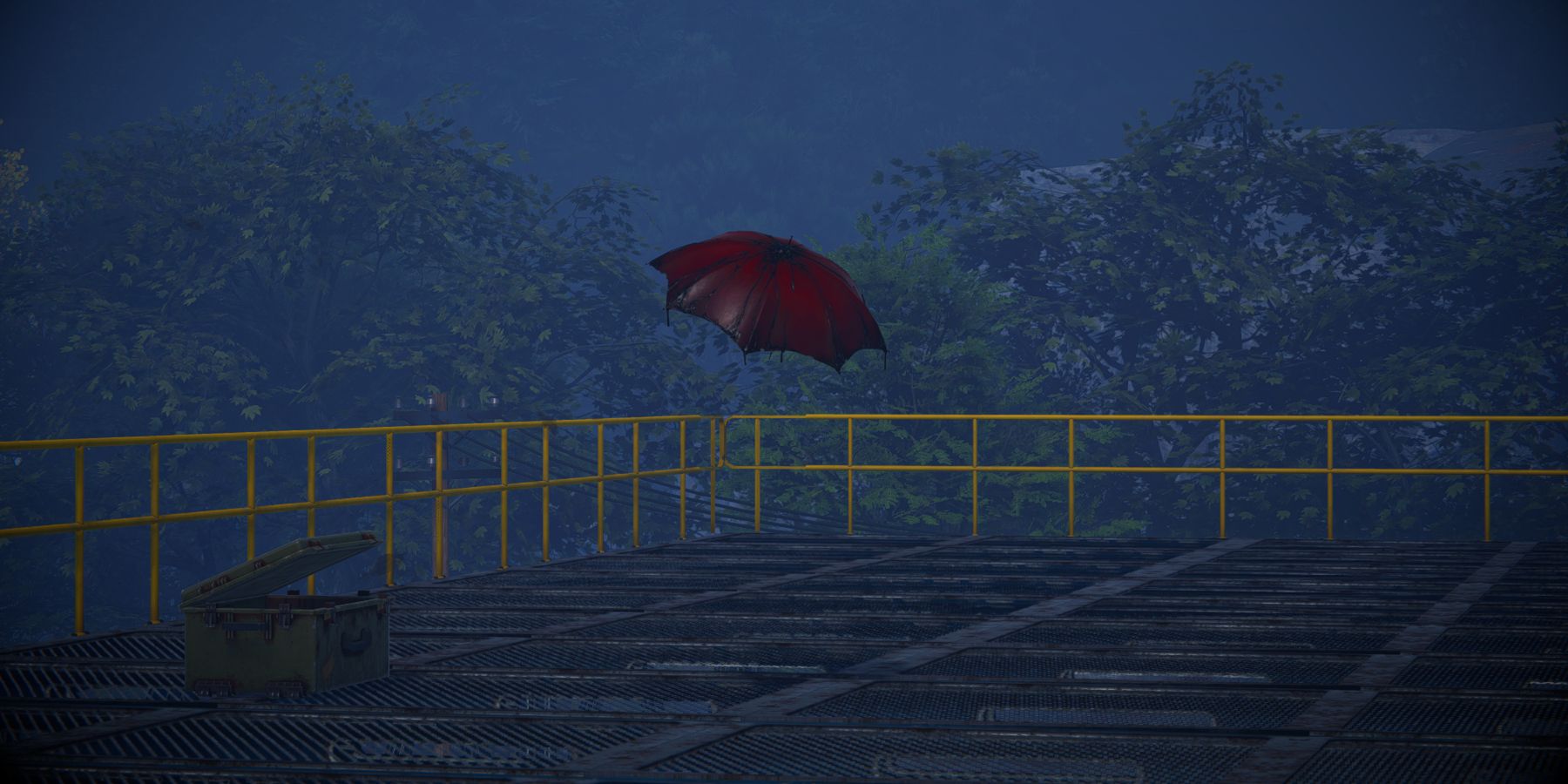 Imagem do guarda-chuva de um ceifador de chuva na planta química de Southerland em Once Human