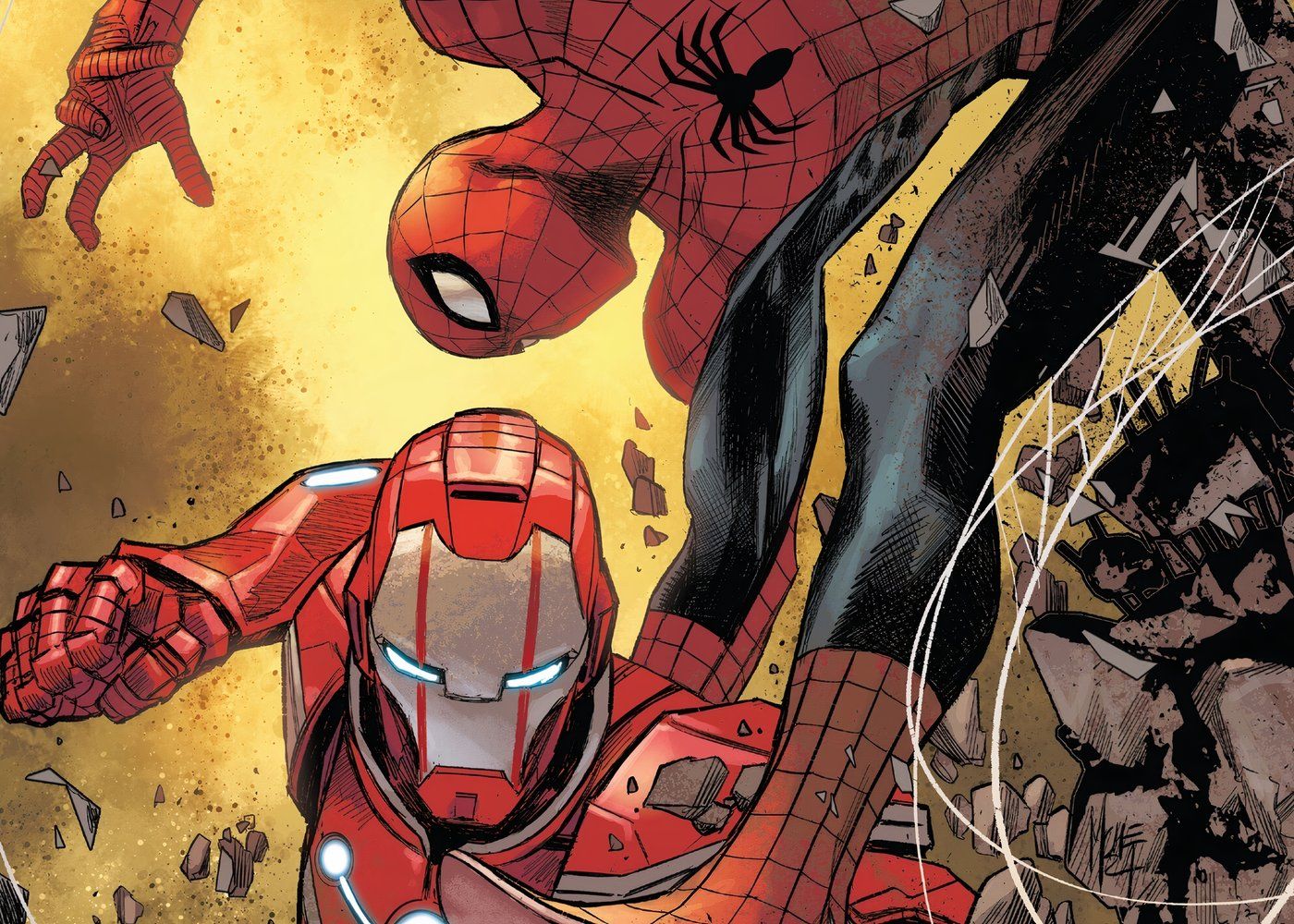 Homem-Aranha e Tony Stark, também conhecido como Iron Lad, do Ultimate Universe. 