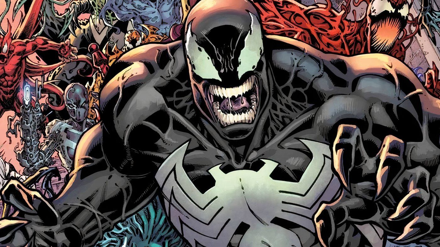 Venom (al fondo) con todos los demás simbiontes de Marvel al fondo.