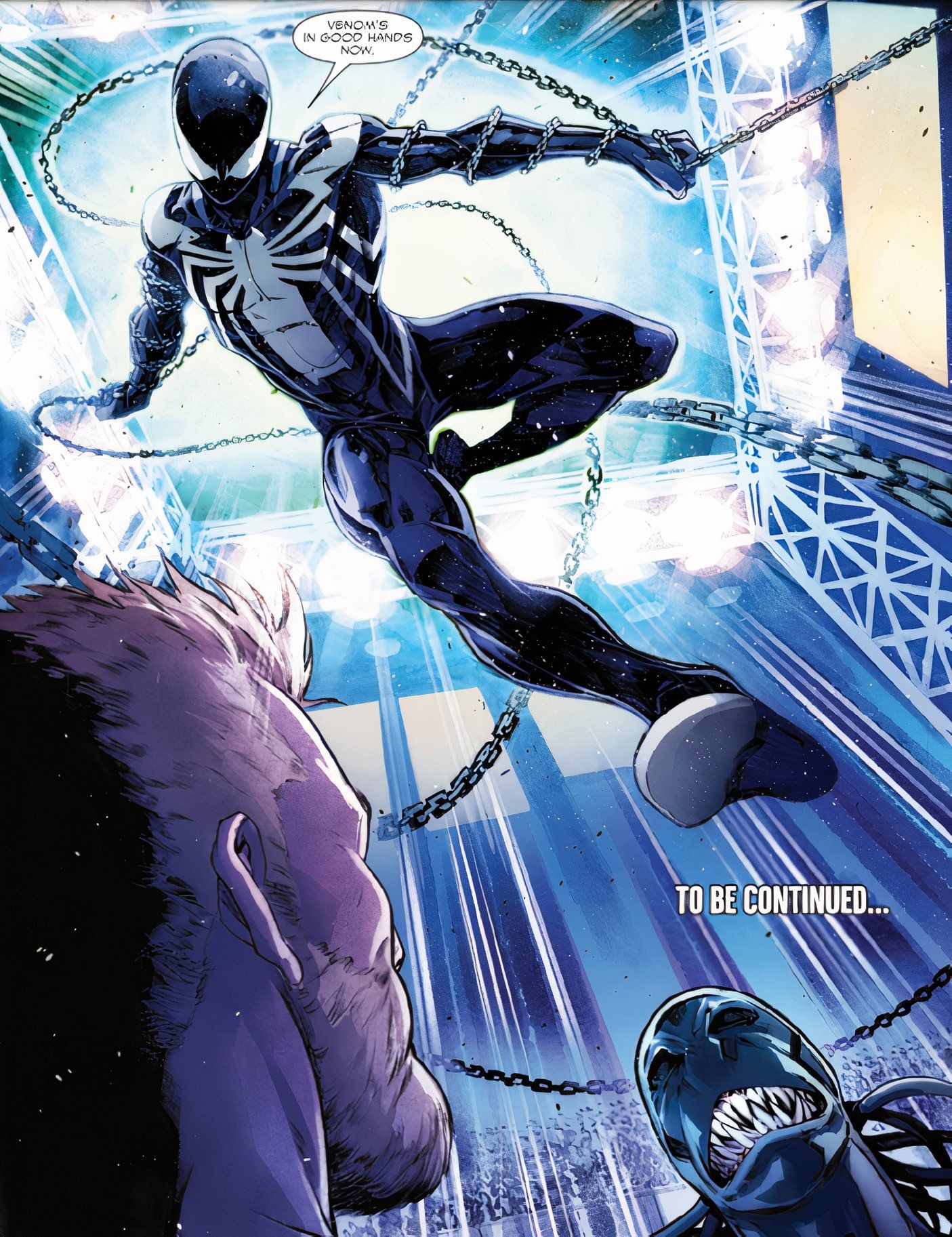 In his iconic black suit, Spider-Man descends on Eddie Brock with his new chain whips