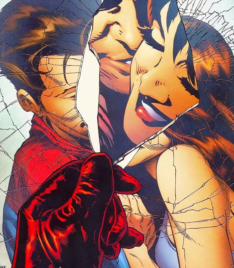 Spider-Man looking at an image of Peter and Mary Jane smiling in a shard of broken glass.