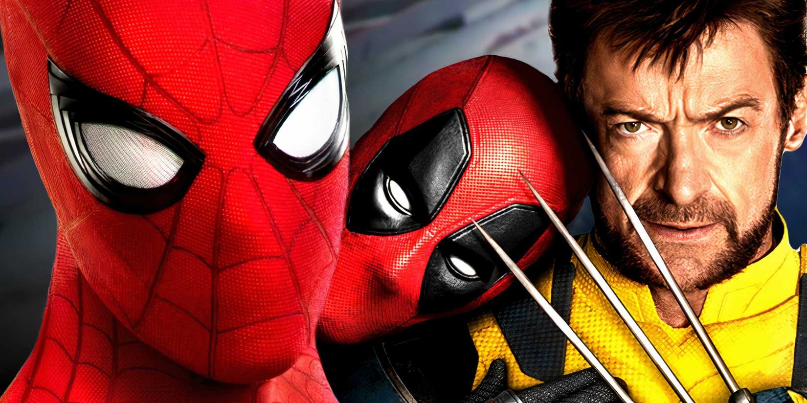 Spider-Man stands in front of Deadpool and Wolverine posing together