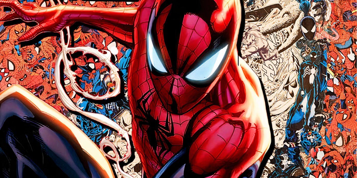 Spider-Man swinging in front of the cover for Amazing Spider-Man #700 showing a collage of Spider-Men