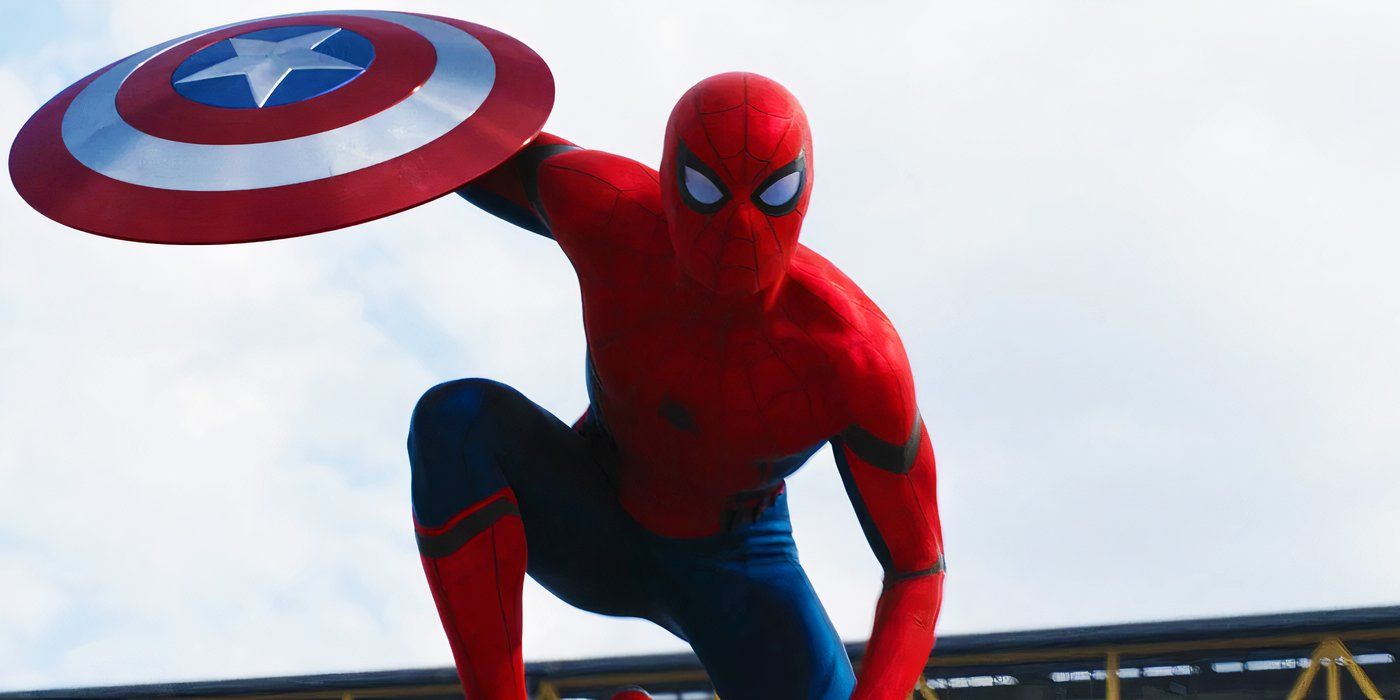 Spider-Man with Captain America's shield in his new suit in Captain America Civil War