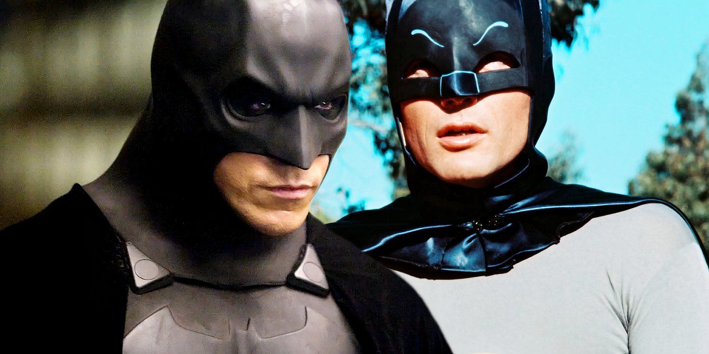 Split image of Adam West and Christian Bale's Batman