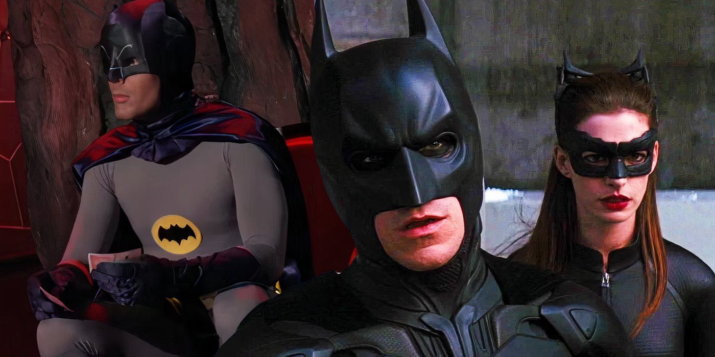 Split image of Adam West&rsquo;s Batman sitting with Christian Bale&rsquo;s batman and Anne Hathaway&rsquo;s catwoman in the dark knight rises
