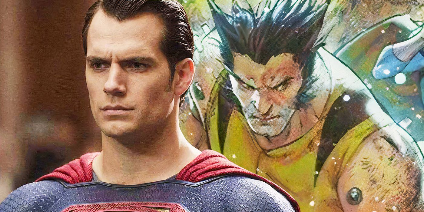 Split image of Cavill's superman looking serious in the DCEU and Wolverine from Marvel Comics looking sideward