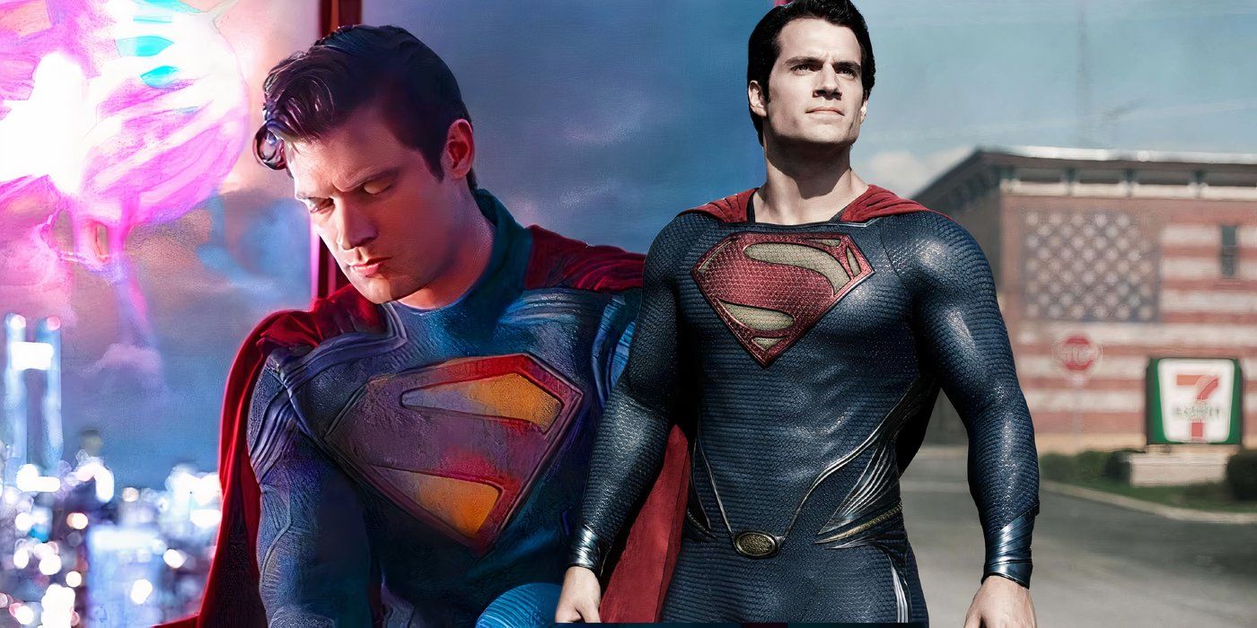 Split image of David Corenswet and Henry Cavill as superman in full costume