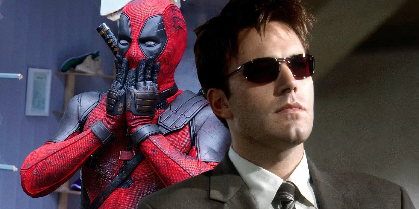 Split image of Deadpool looking shocked in deadpool & wolverine and Ben Affleck as Matt murdock in daredevil