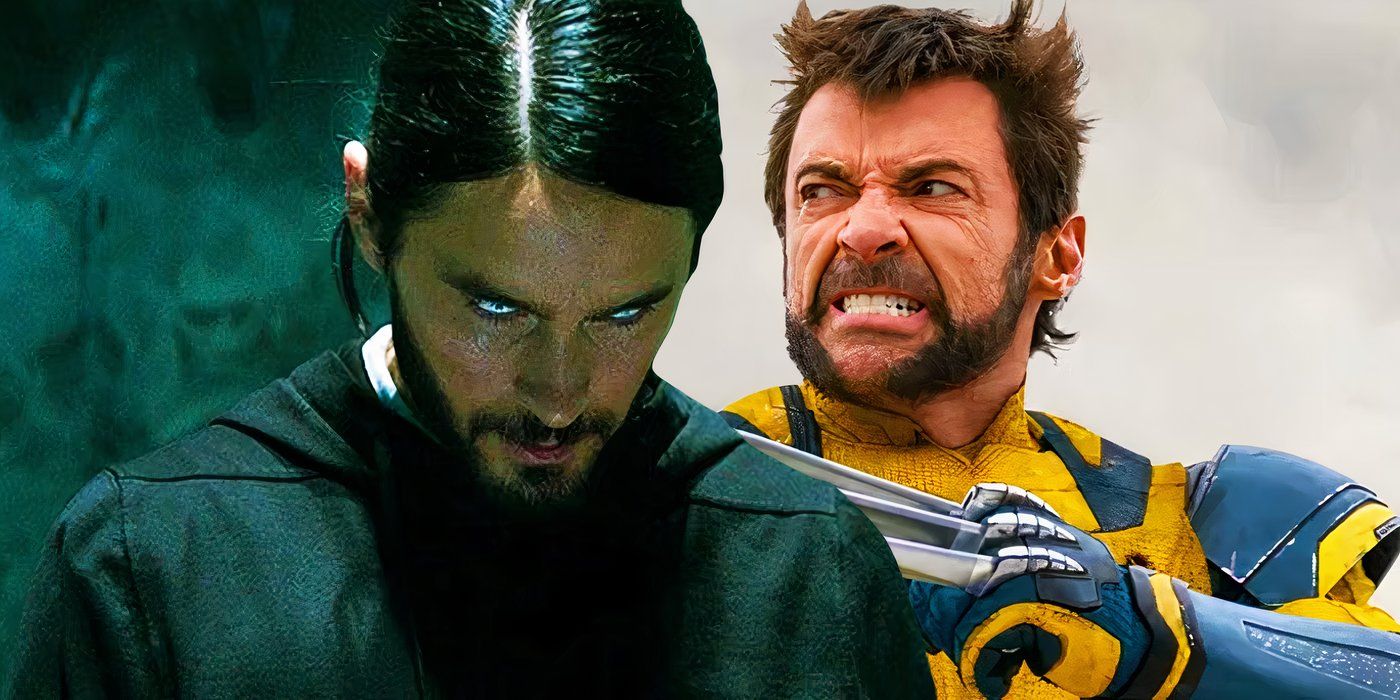 Split image of Morbius transforming in Morbius with Wolverine in Deadpool and Wolverine looking angry with his claws out