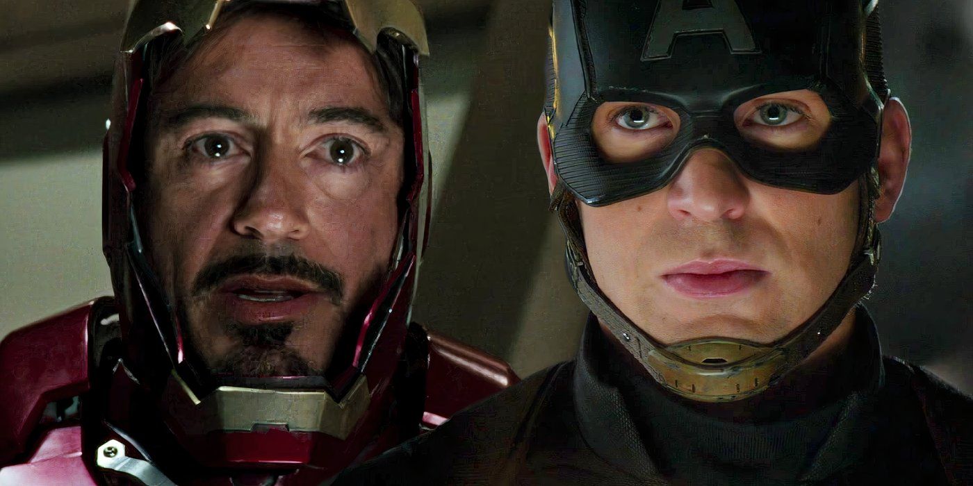 Split image of Robert Downey Jr's Iron Man in Iron Man (2008) on the left, Chris Evans' Captain America in Captain America Civil War (2016) on the right