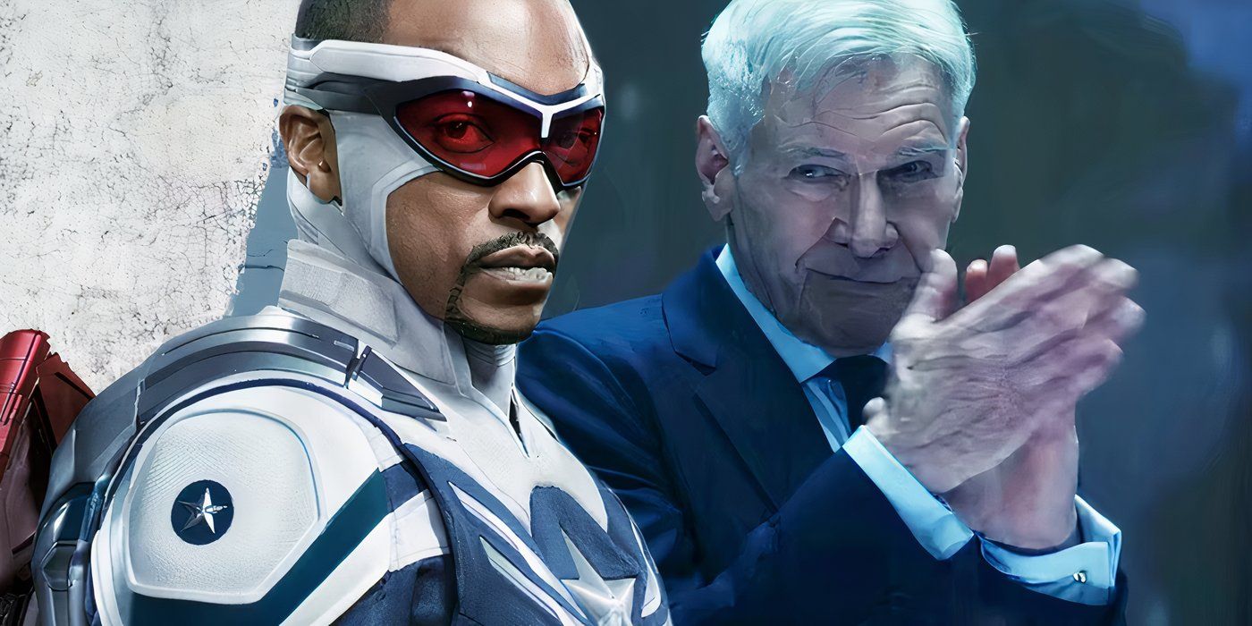 Split image of Sam Wilson&rsquo;s Captain America looking serious and President Ross clapping